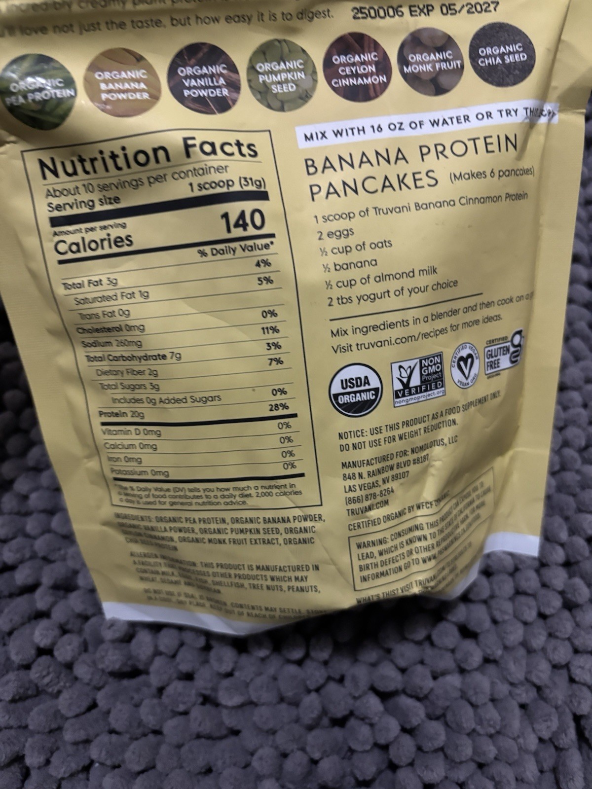 Truvani Organic Plant-Based Protein Powder Banana Cinnamon Non-GMO 315g