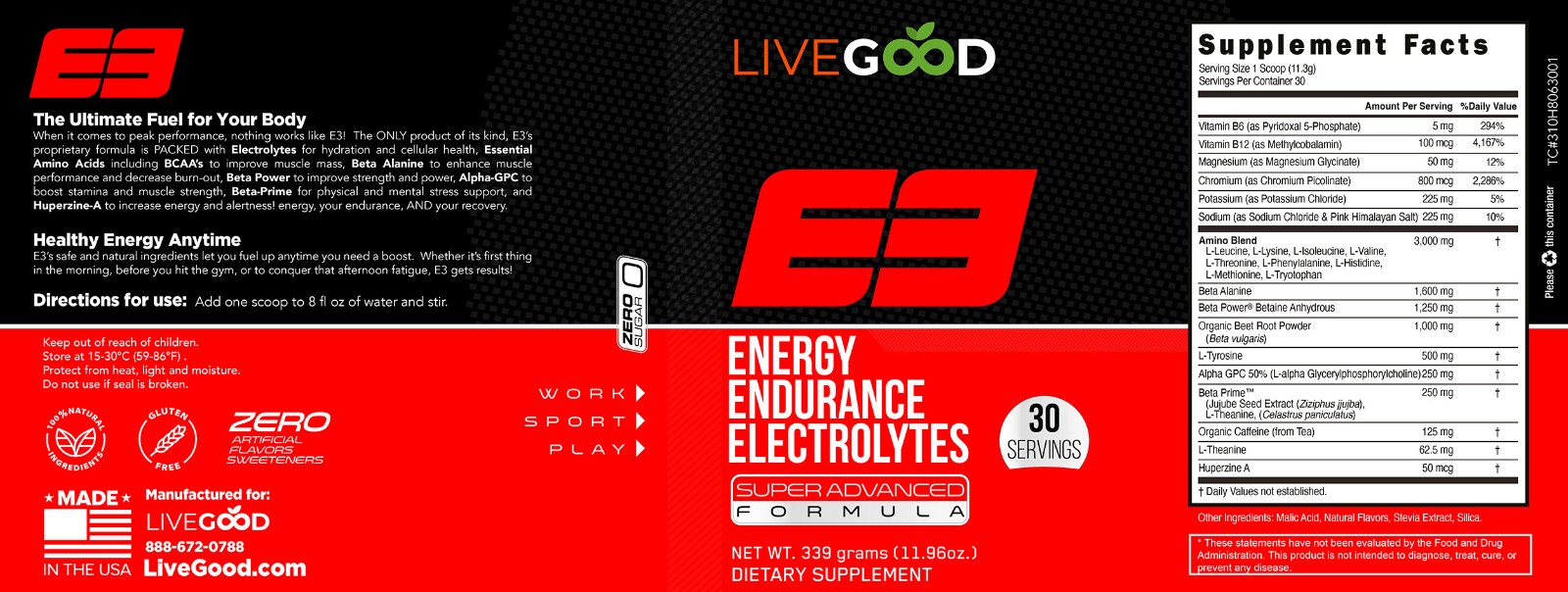 Drink E3 Energy Endurance Electrolytes 9 Essential Amino Acids Great Taste 30srv