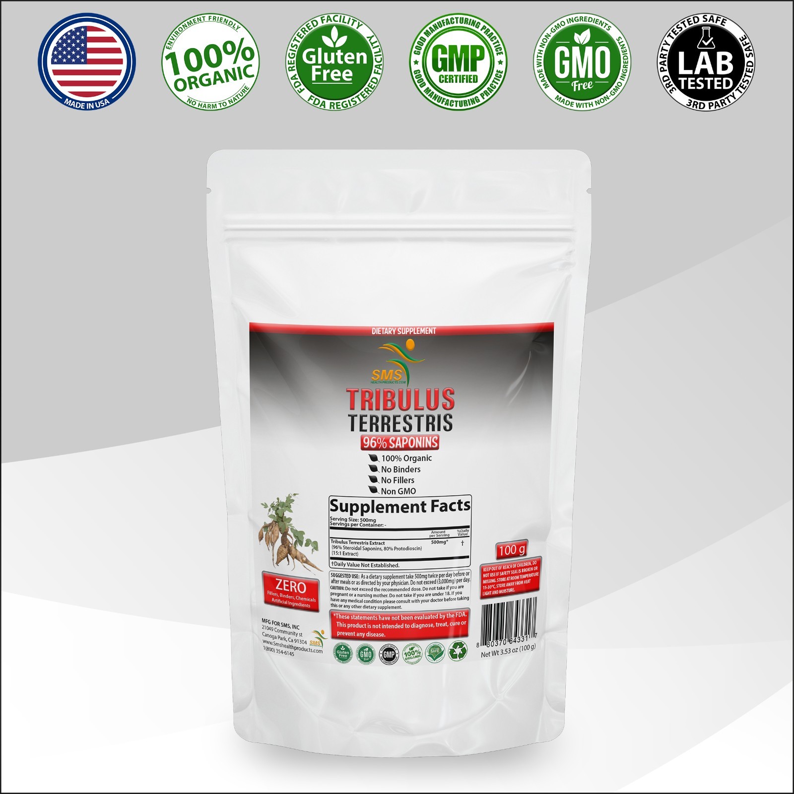 Tribulus Terrestris Extract 96% Saponins Puncture Vine Organic Non GMO 100g