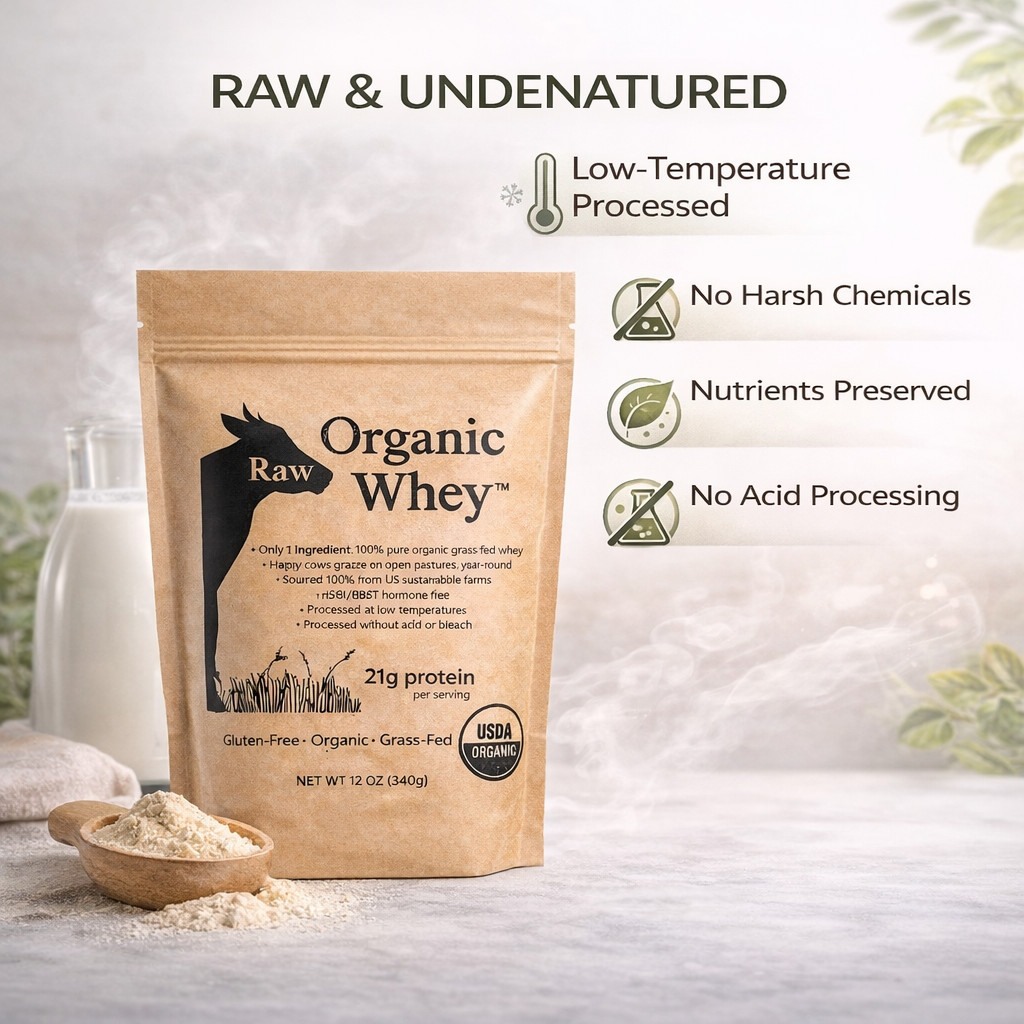 Organic Raw Whey Protein Powder Grass-Fed Unflavored Non-GMO Gluten Free 12 oz