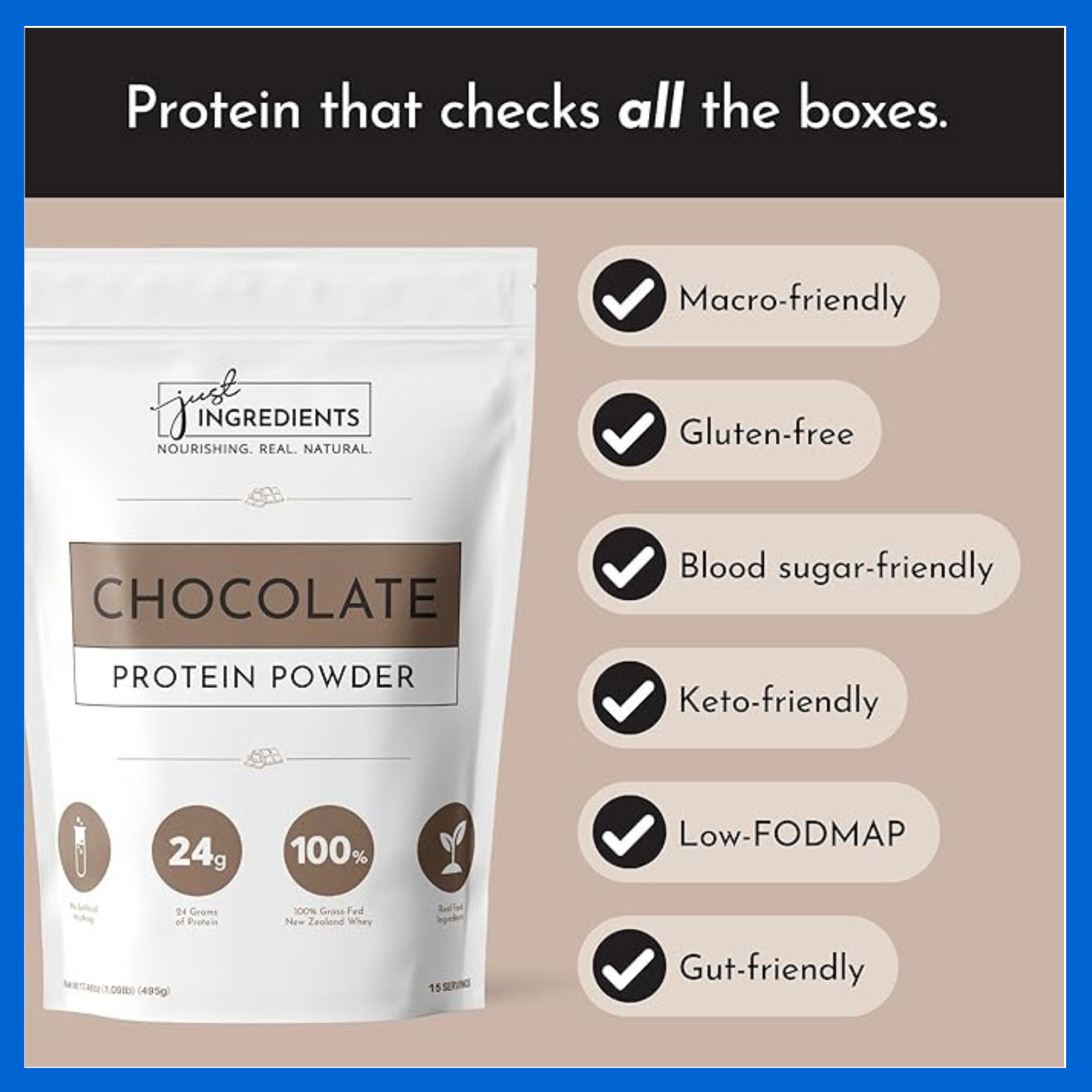 JUST Ingredients Protein Powder Chocolate – Grass-Fed Whey, 15 Servings, 24g