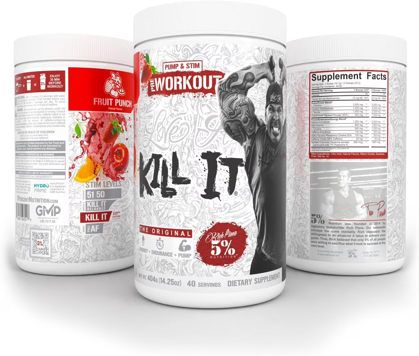 5% Nutrition Rich Piana Kill It Pre-Workout Powder for Energy and Pumps, Fruit P