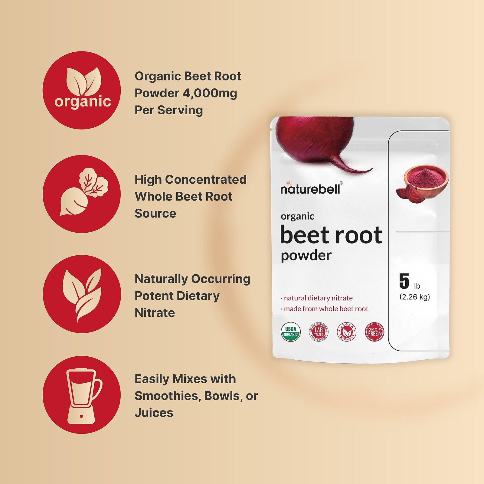 NatureBell Organic Beet Root Powder 5 LBS, 4000mg/Serving, Concentrated Whole