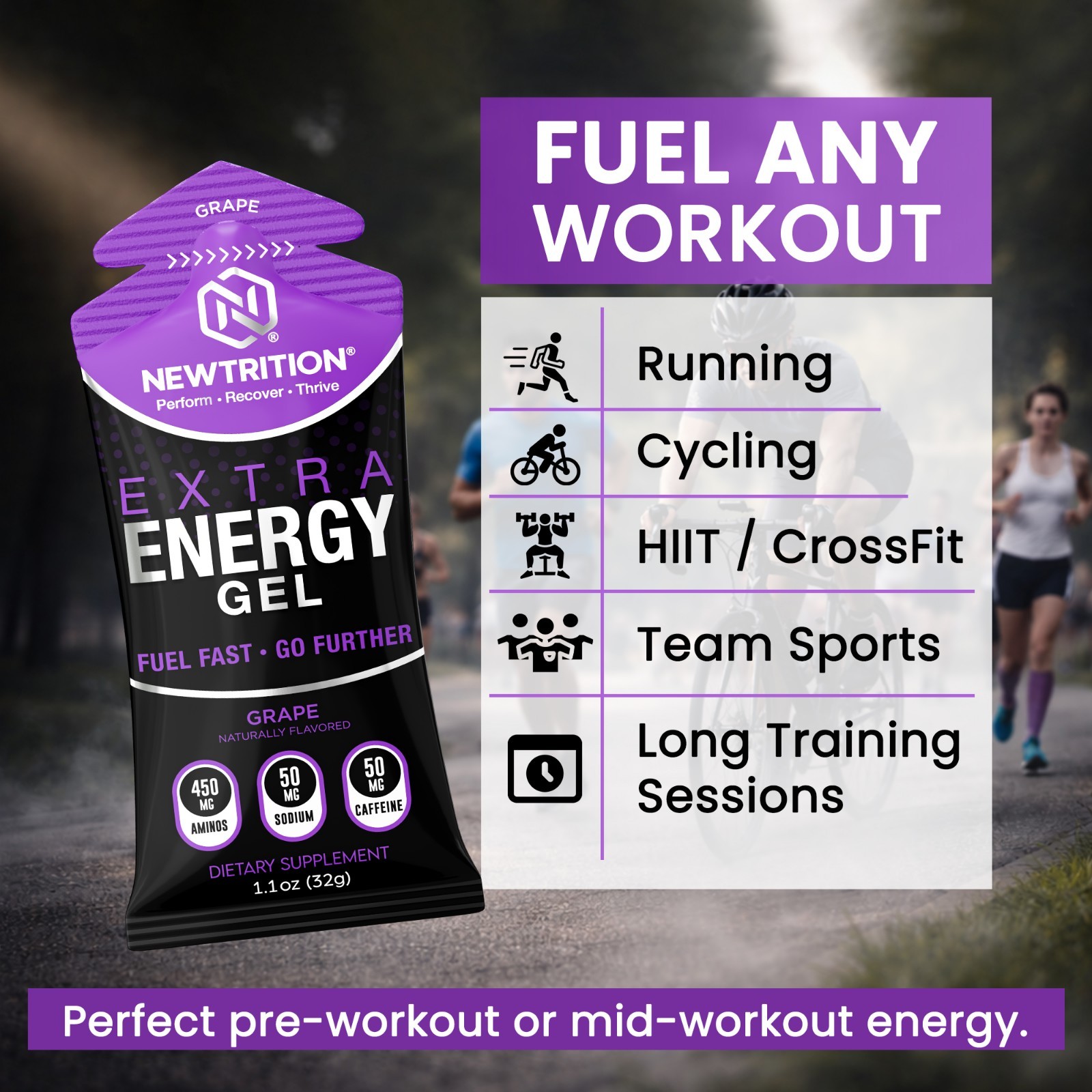 NewTrition Extra Energy Gel Variety Pack 24ct 50mg Caffeine Running Cycling Fuel