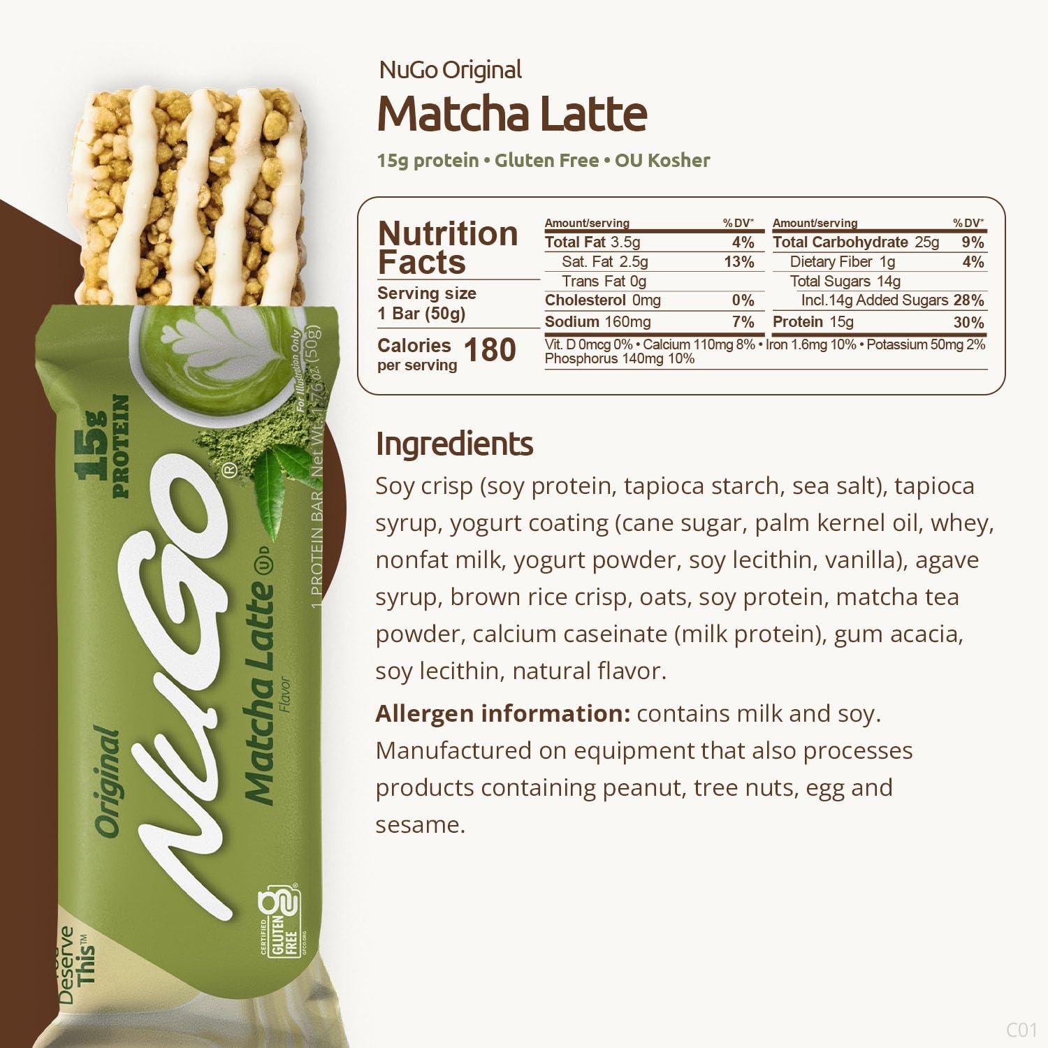 NuGo Original, Vanilla & Matcha, 11-15g Protein Bar, 30 Count (Pack of 1)