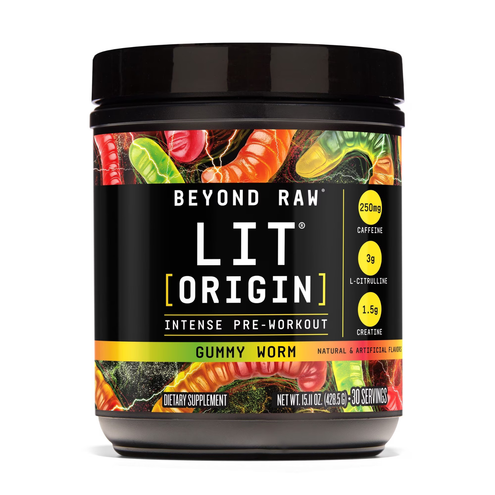 Beyond Raw LIT Origin Pre Workout Powder, Gummy Worm, for Men & Women, Energy