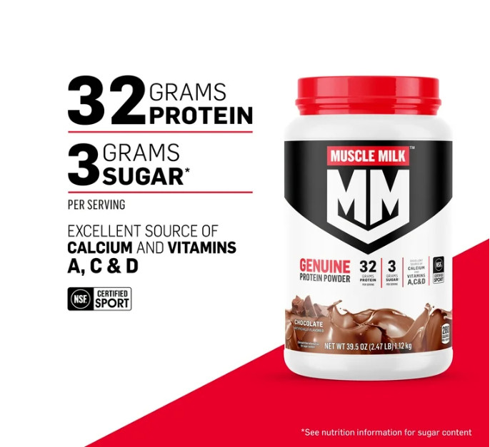Muscle Milk Genuine Protein Powder, Chocolate, 1.93 lb, 12 Servings