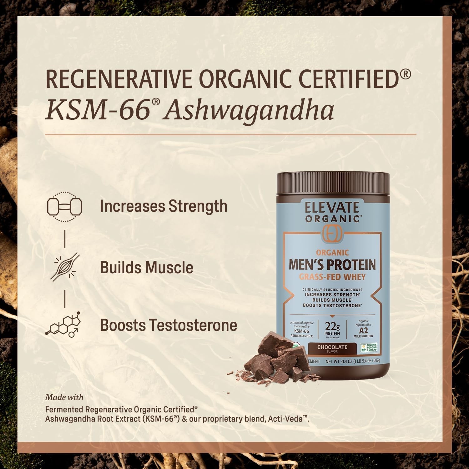 Men’s Whey Protein Chocolate Grass Fed A2 Regenerative with KSM-66 Ashwagandha