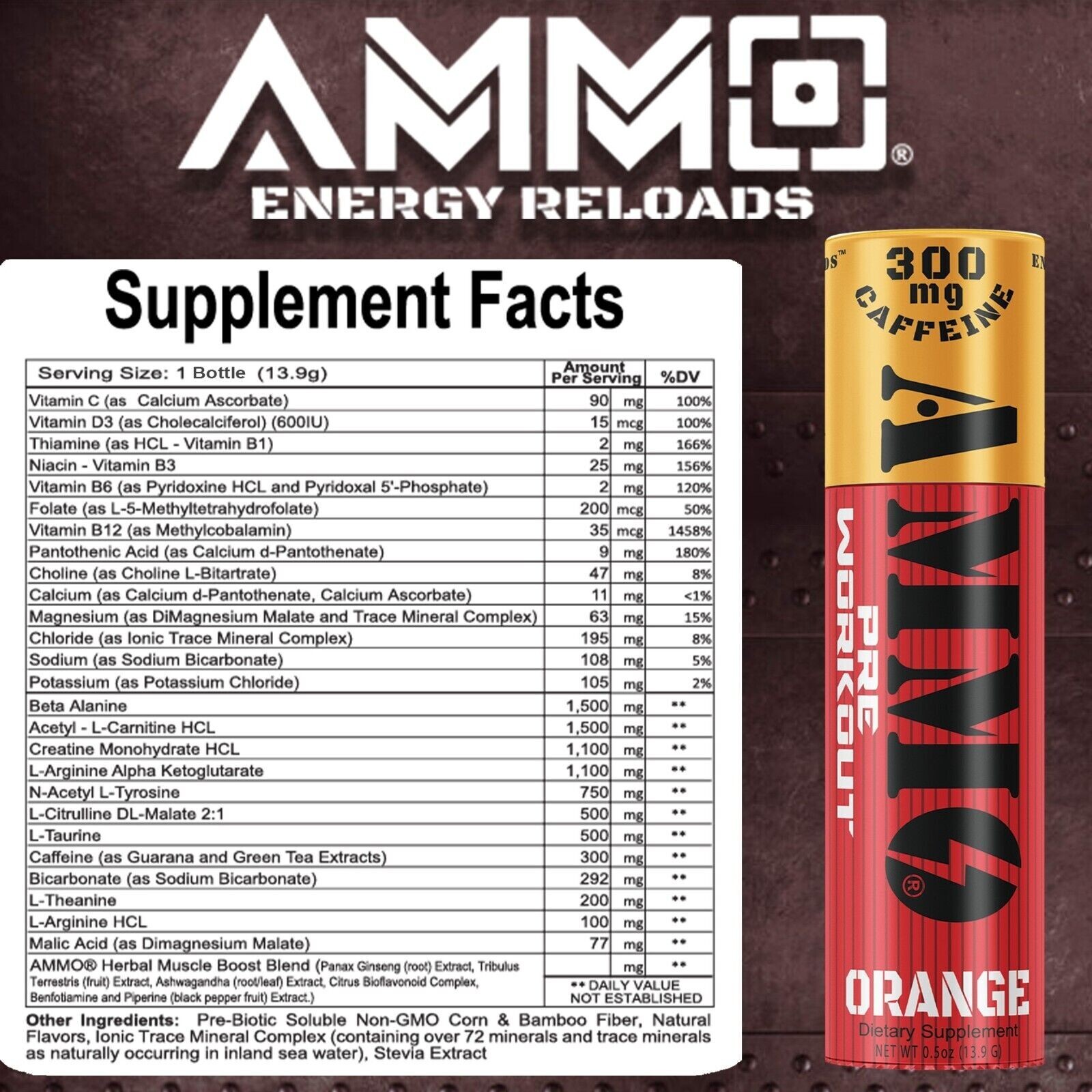 AmmoShots Energy drink powder 12ct Single Shots Orange Zero Sugar ALL Natural