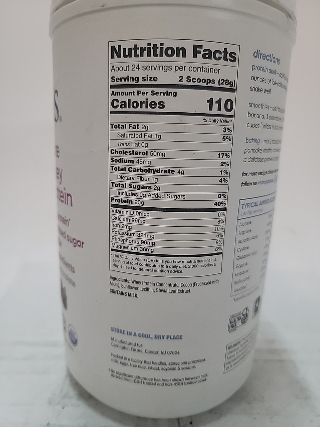 Simply Teras Pure Whey Protein Dark Chocolate 24 Oz BB12/26