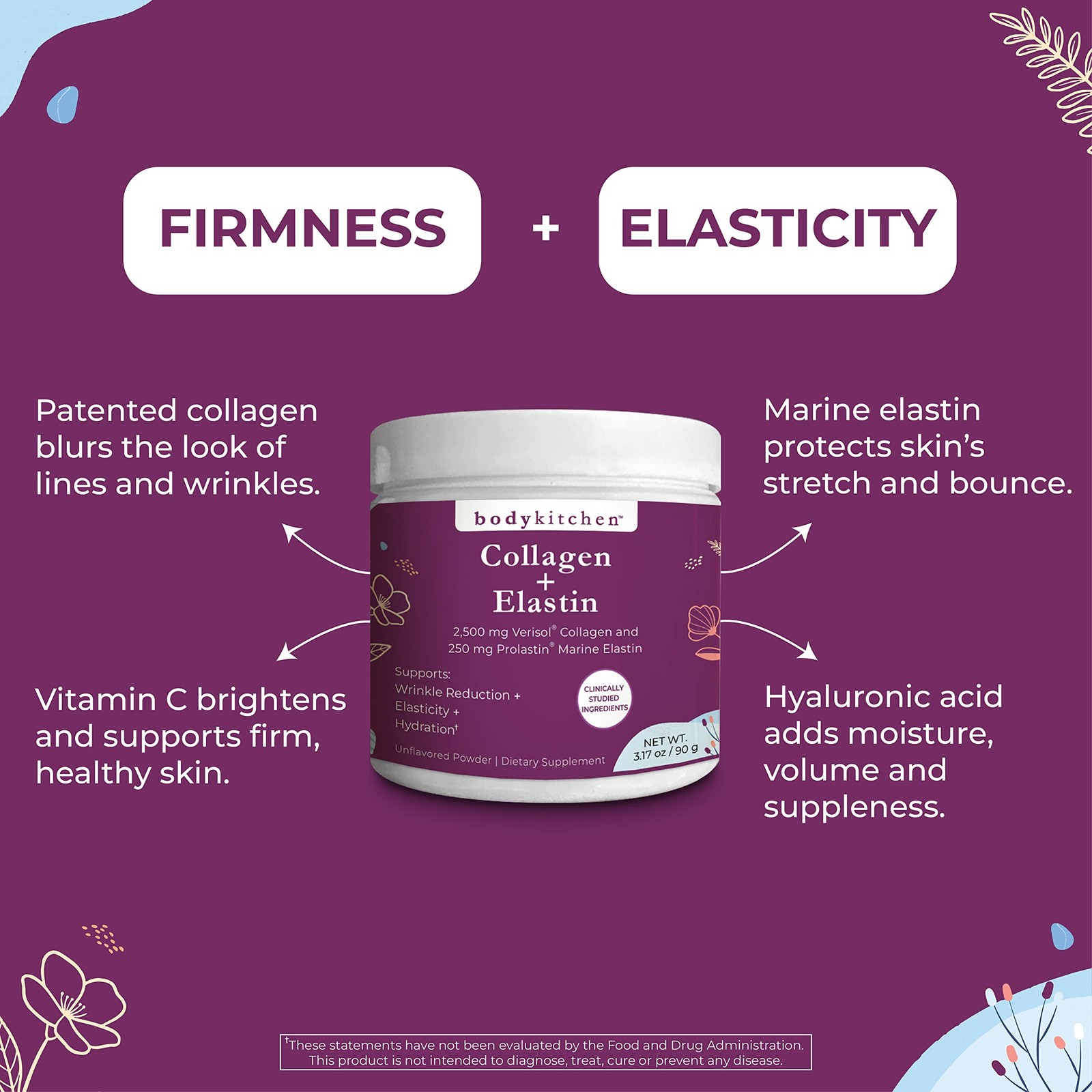 Body Kitchen Collagen and Elastin Peptides, 250mg Pure 3.17 Ounce (Pack of 1)