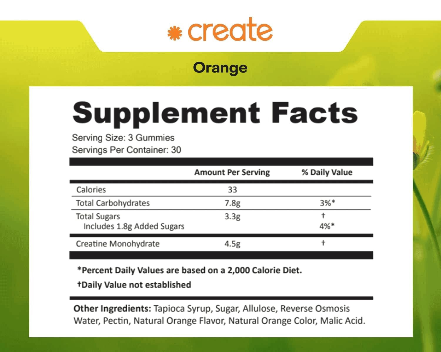 Create Creatine Monohydrate Gummies 1.5g Vegan Focus Strength 90ct Orange