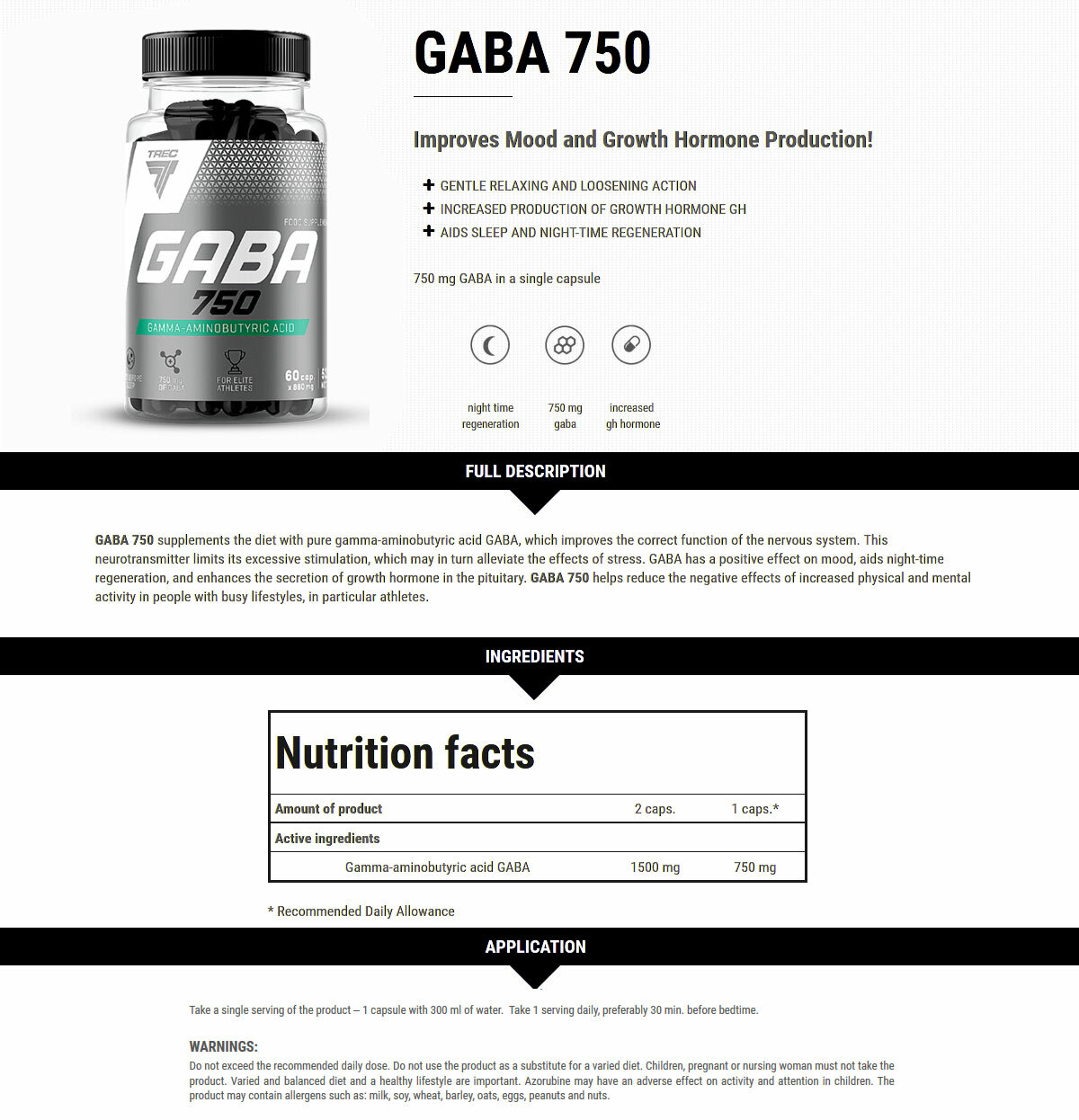 Trec Nutrition GABA 750 ULTRA PURE Gamma-Aminobutyric Acid Regeneration Hormones