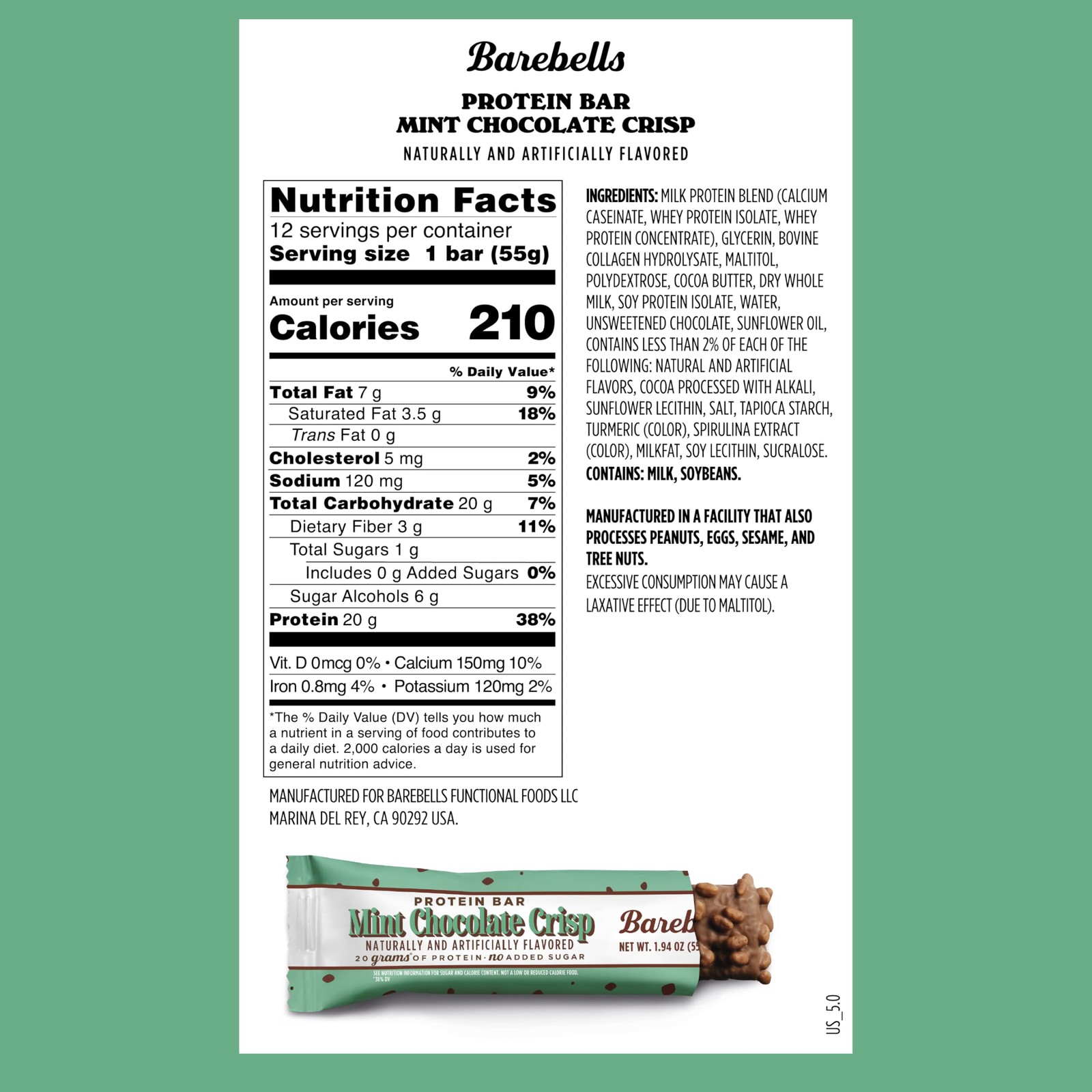 Barebells Mint Chocolate Crisp Protein Bar 20G Protein No Added Sugar 12 X 55G