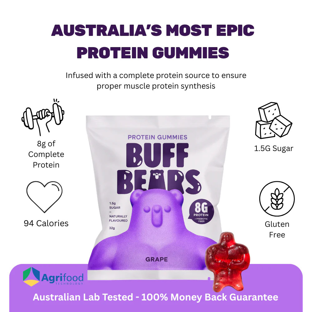 New Buff Bears Protein Gummies Grape 12 x 32g Packs