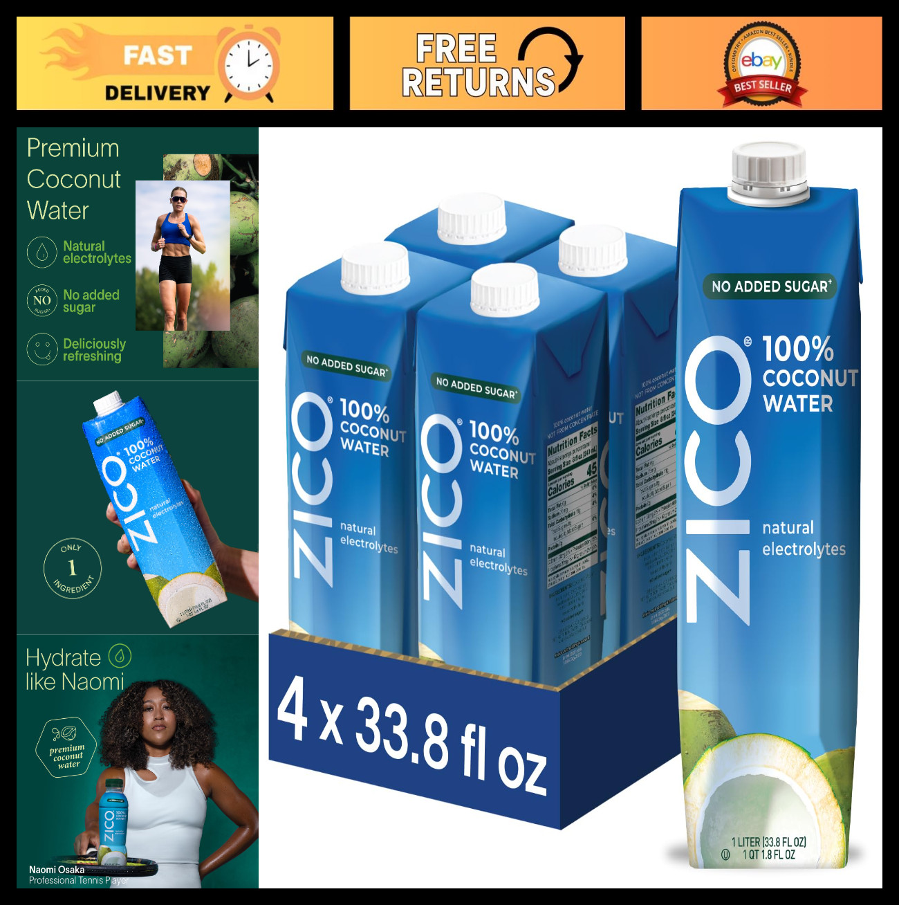 100% Pure Coconut Water, No Added Sugar, Electrolyte Hydration, 33.8 Fl Oz, 4-Pa