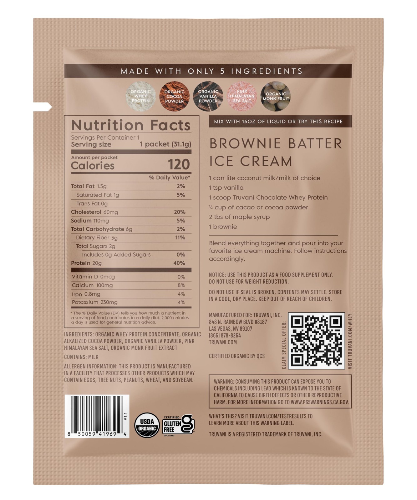 Truvani Organic Whey Protein Powder | Chocolate | 1 Serving | 20g Grass Fed W…