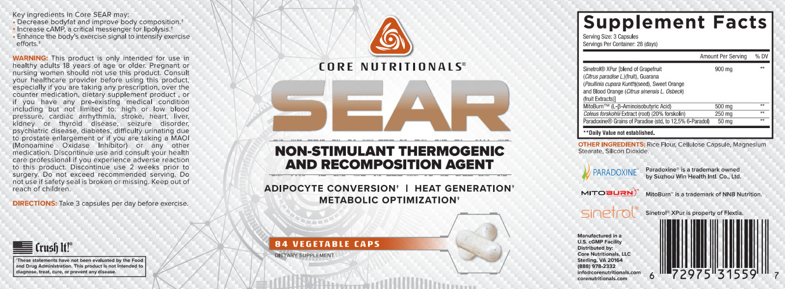 Core Nutritionals Core SEAR 84 Caps – Non-Stimulant Thermogenic & Recomposition