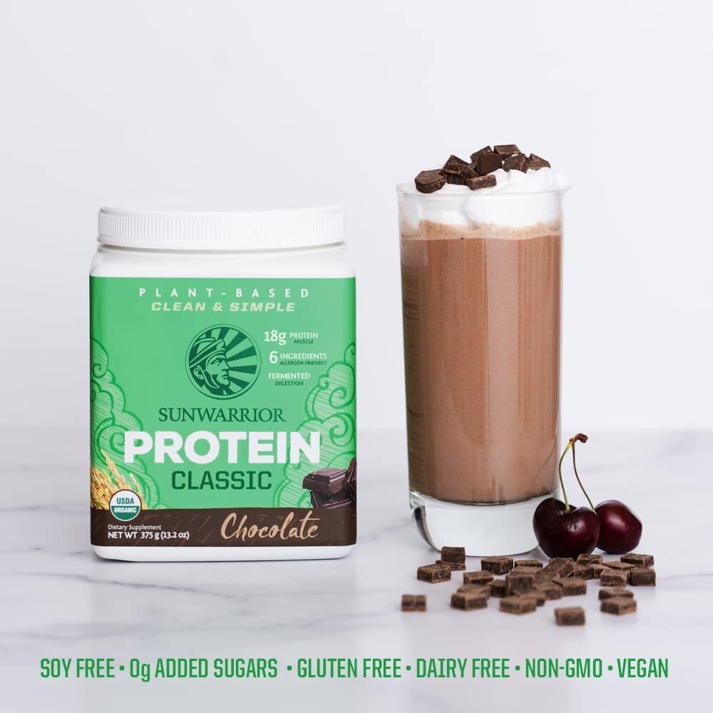 SUNWARRIOR Organic Classic Chocolate Protein, Plant-Based Protein Powder, 375g