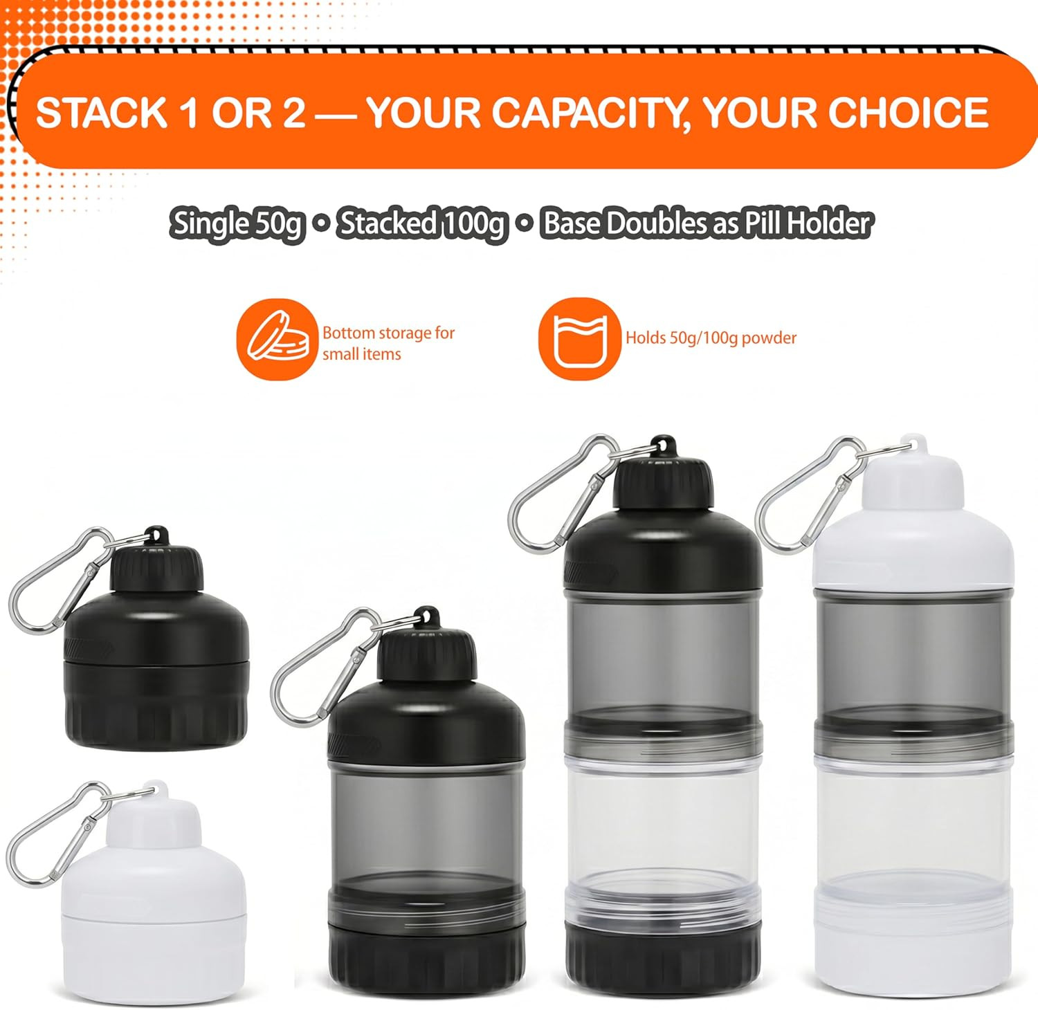 2 Pack Protein Powder Container to Go with Keychain & Keyring, Large Capacity, C