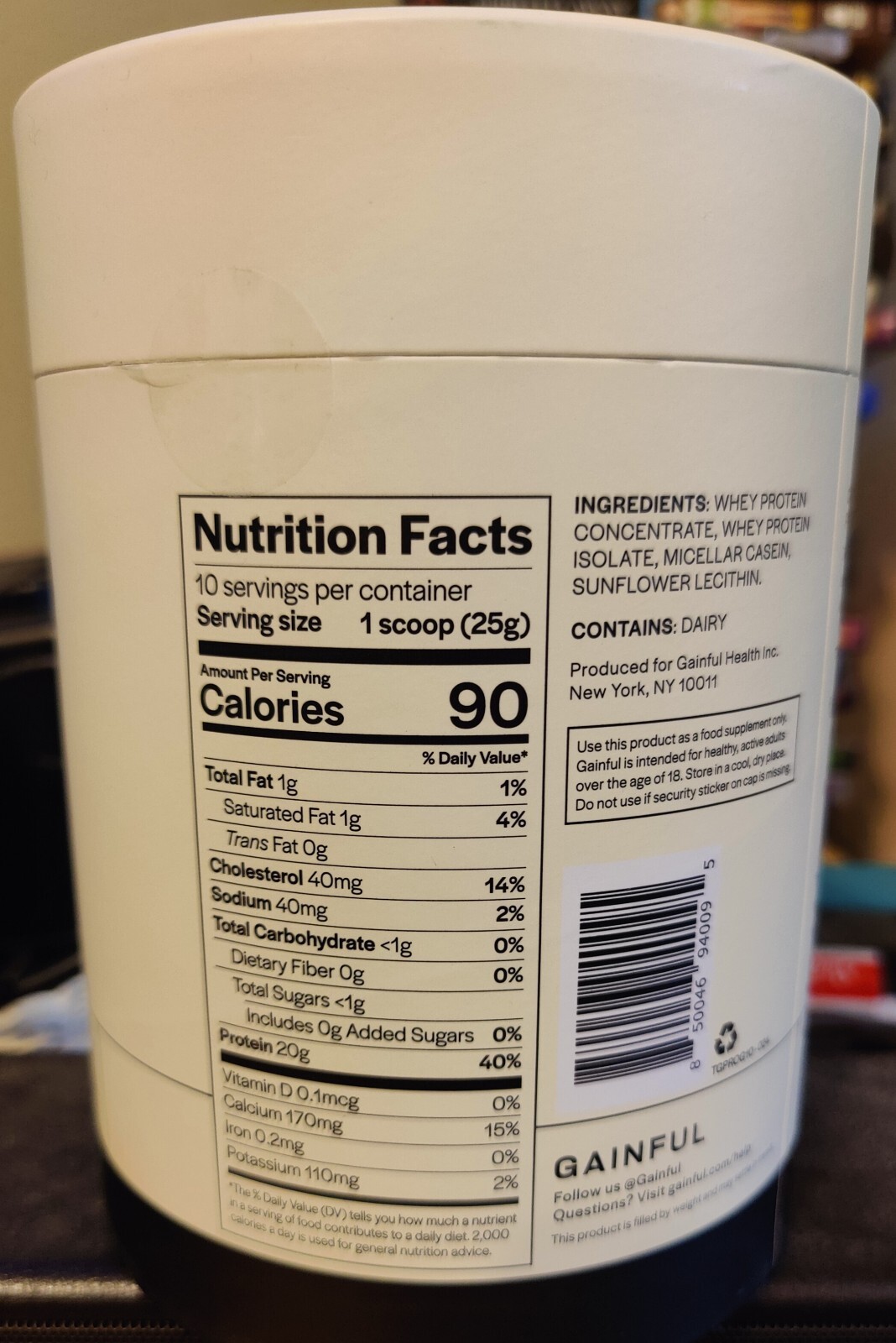 GAINFUL WHEY PROTEIN POWDER, UNFLAVORED. 8.8oz. Casein. NO rBST. Gluten Free