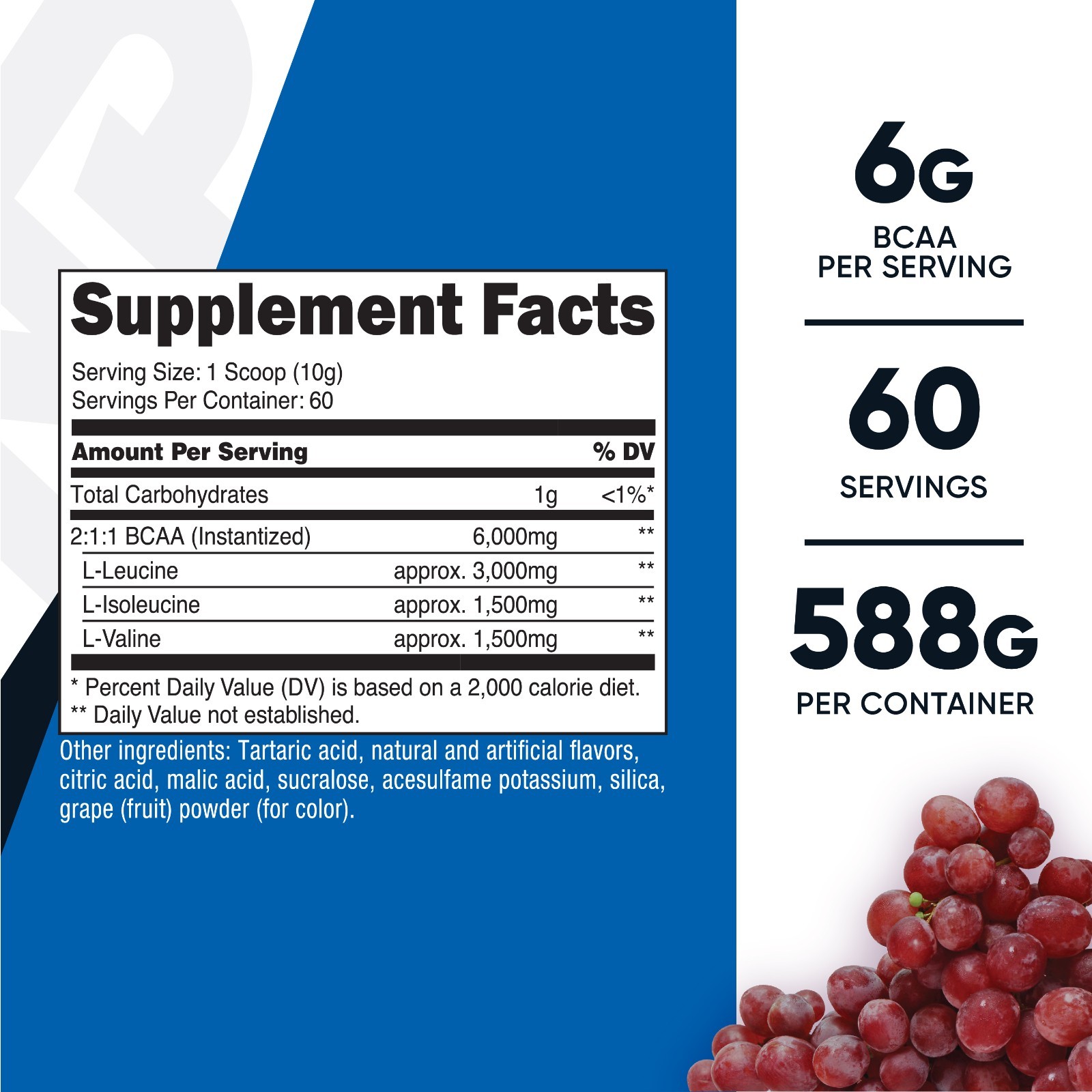 Nutricost BCAA 2:1:1 Powder (Grape) 60 Servings – 6G Per Serving