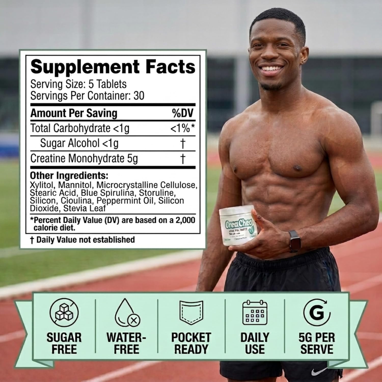 Creatine Monohydrate 5G Chewable Mints, Cognitive & Muscle Support, Zero Sugar