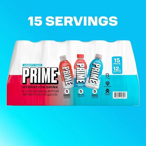 PRIME HYDRATION Variety,Berry Freeze,Cherry Freeze, Ice Pop Drinks,12 Oz,15 Pack