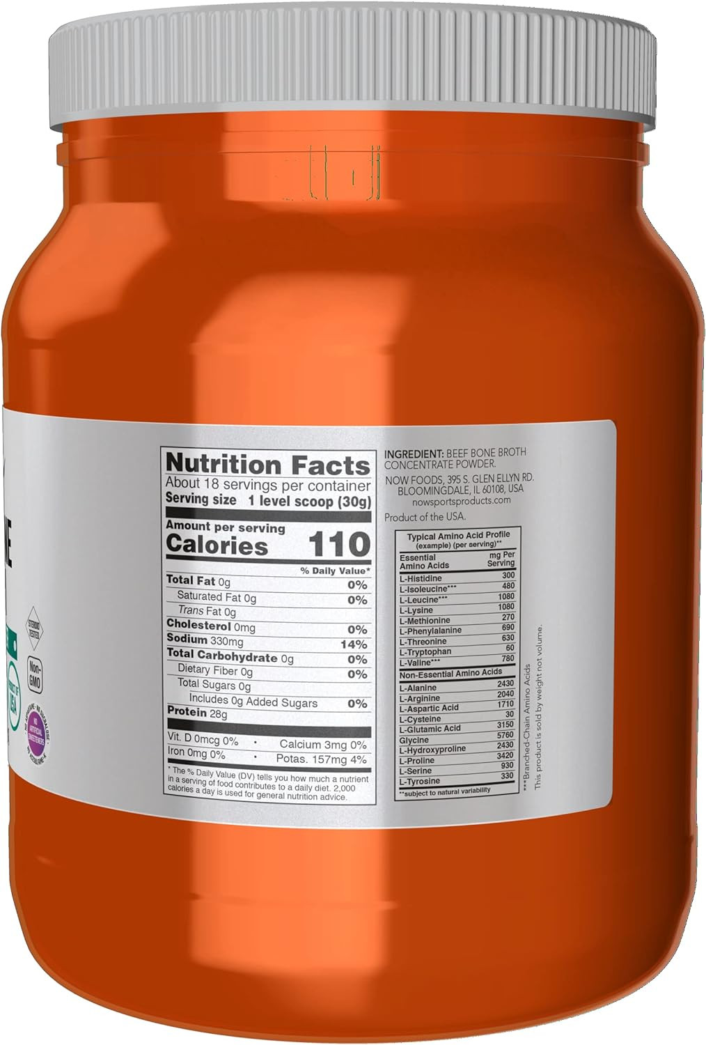 NOW Sports Beef Bone Broth Protein Powder, Premium-Quality Extract , 1.2-Pound