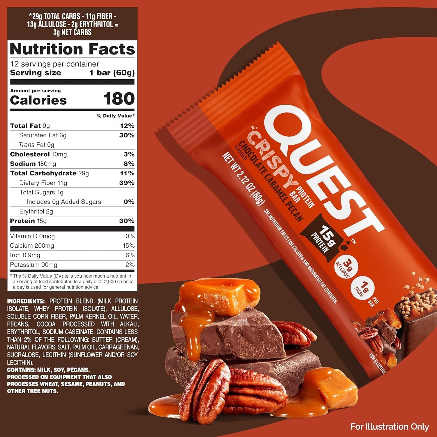 Quest Nutrition Crispy Chocolate Caramel Pecan Hero Protein Bar, 15g Protein, 1g