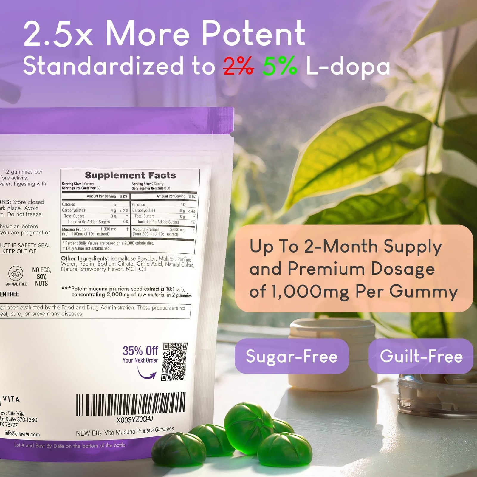 Dopamine Supplement – Sugar-Free Mucuna Pruriens Gummies (2g/serving) Energy …
