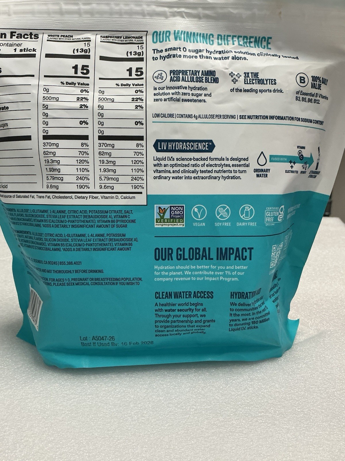 Liquid I.V Hydration Sugar-Free Peach+Raspberry 20 Sticks EXP 02/28