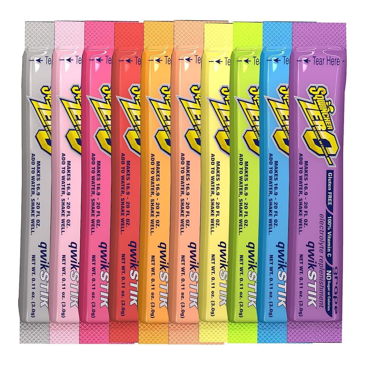 Sqwincher Qwik Stik ZERO – 50 Pack, 10 Flavors Assorted Electrolyte Powder 20oz