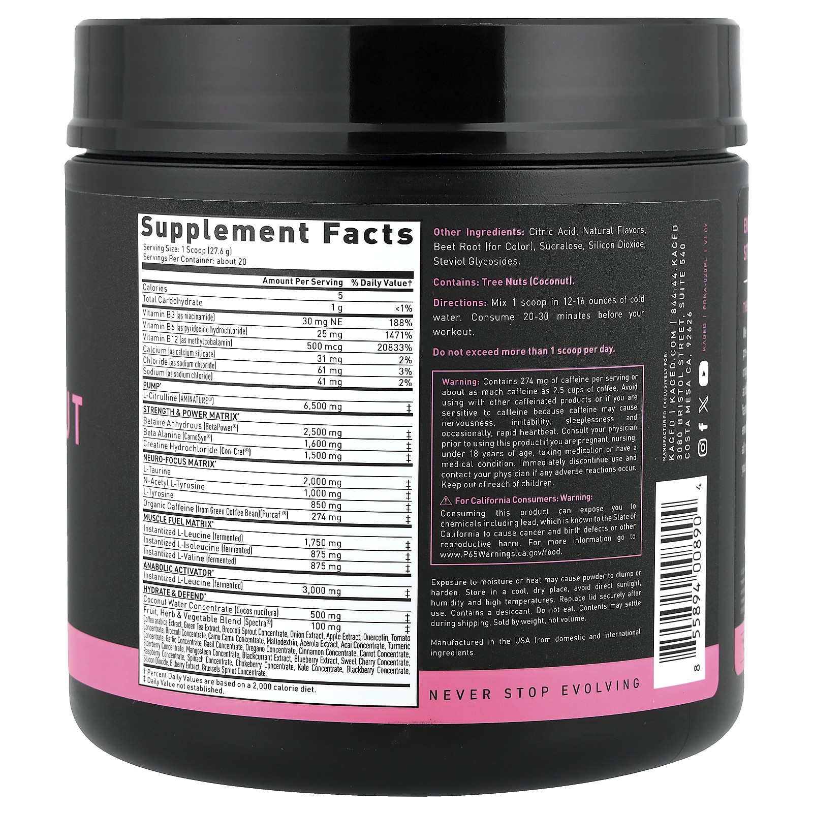 PRE-KAGED, Pre-Workout, Pink Lemonade, 1.23 lb (560 g)