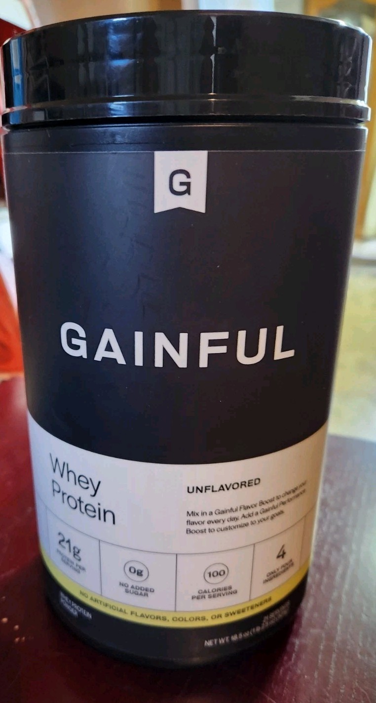 GAINFUL WHEY PROTEIN POWDER, UNFLAVORED. 18.5 oz. 21 servings x 21 grams.Non-GMO