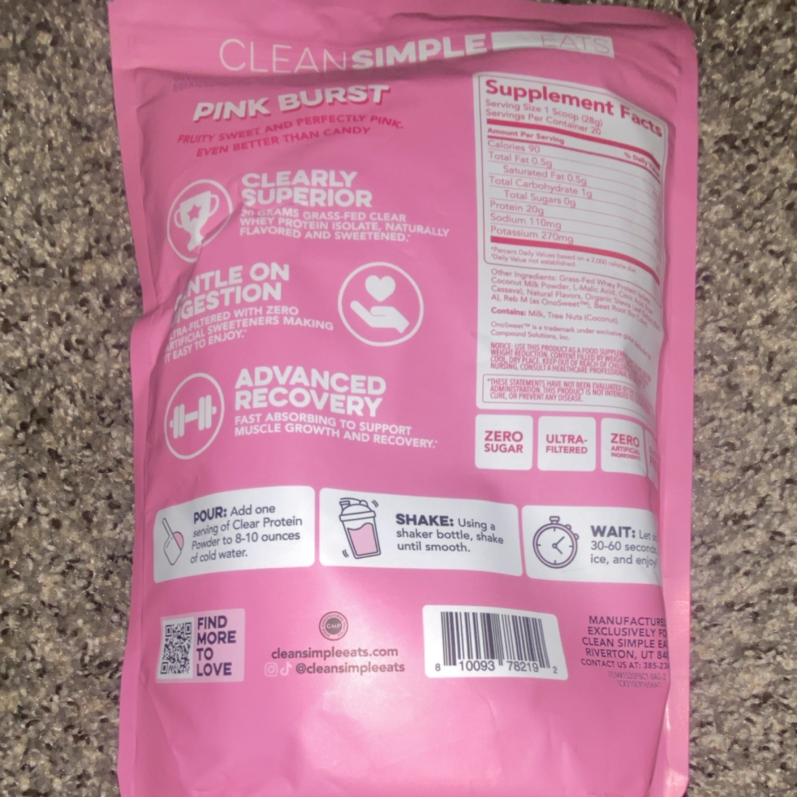 Clean Simple Eats Clear Whey Protein Isolate Powder Pink Burst 19.8 oz 20 Serv