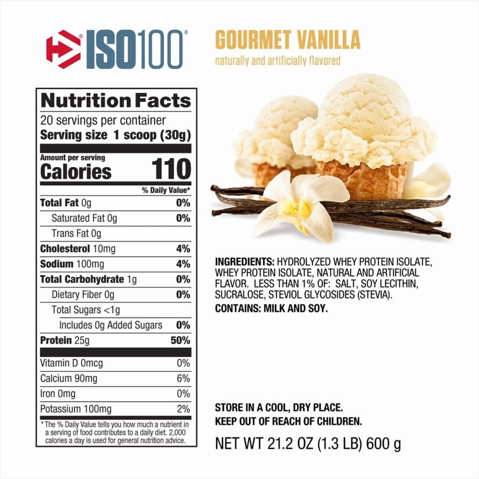 Dymatize ISO100 Hydrolyzed Whey Isolate Protein Powder, Gourmet Vanilla, 20 Serv