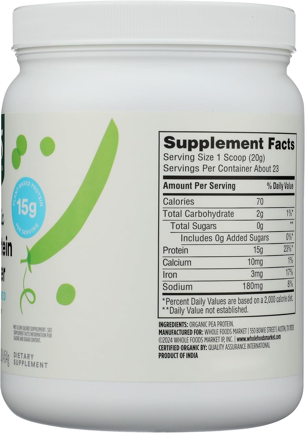 Nutritious Organic Pea Protein – 16 Oz Jar, 15g Plant-Based Protein, Gluten Free
