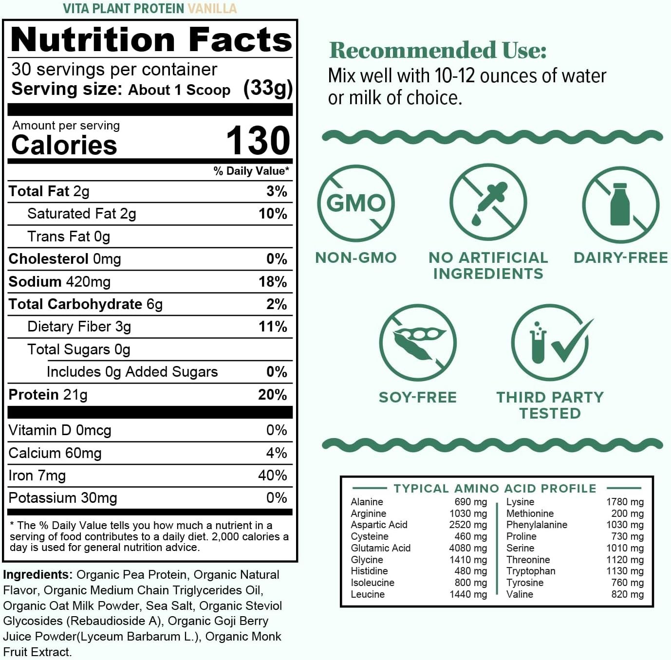 Organic Vita Plant Based Protein ~ Complete Vegan Protein Powder with BCAAs