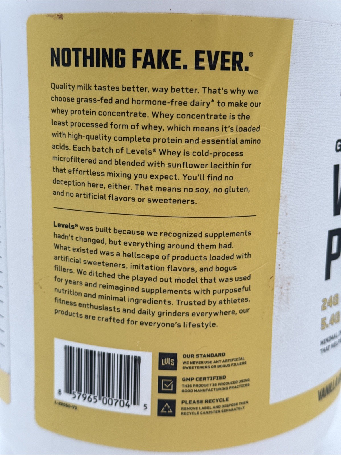 Levels Grass Fed Whey Protein Powder, No Artificials, 24G of Protein, Vanilla Be