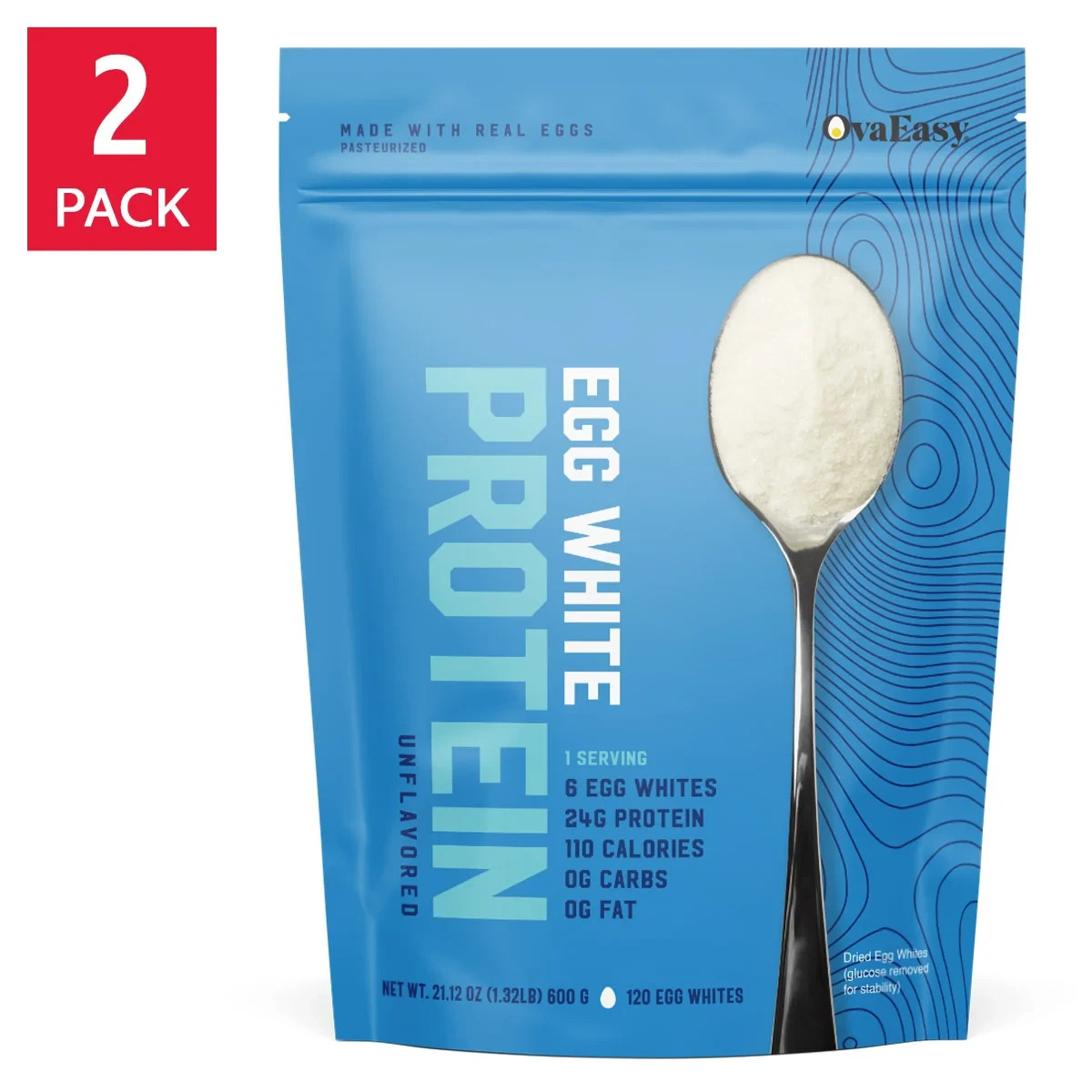 2-Pack 98% Pure Egg White 24g Protein/Serv Powder Unflavored 1.32 lbs Each Bag