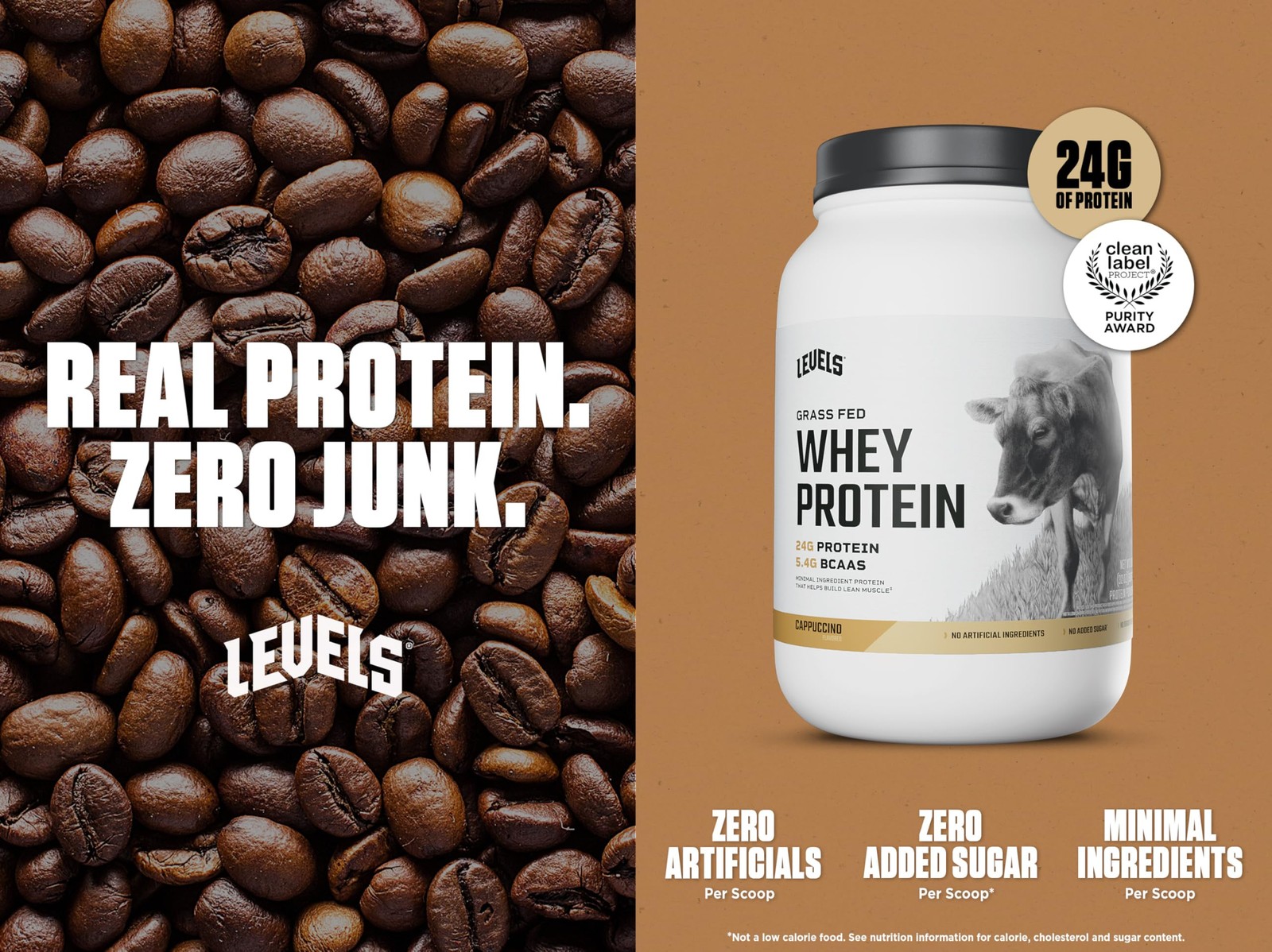 Levels Grass Fed Whey Protein Powder No Artificials 24G of Protein Cappuccino…