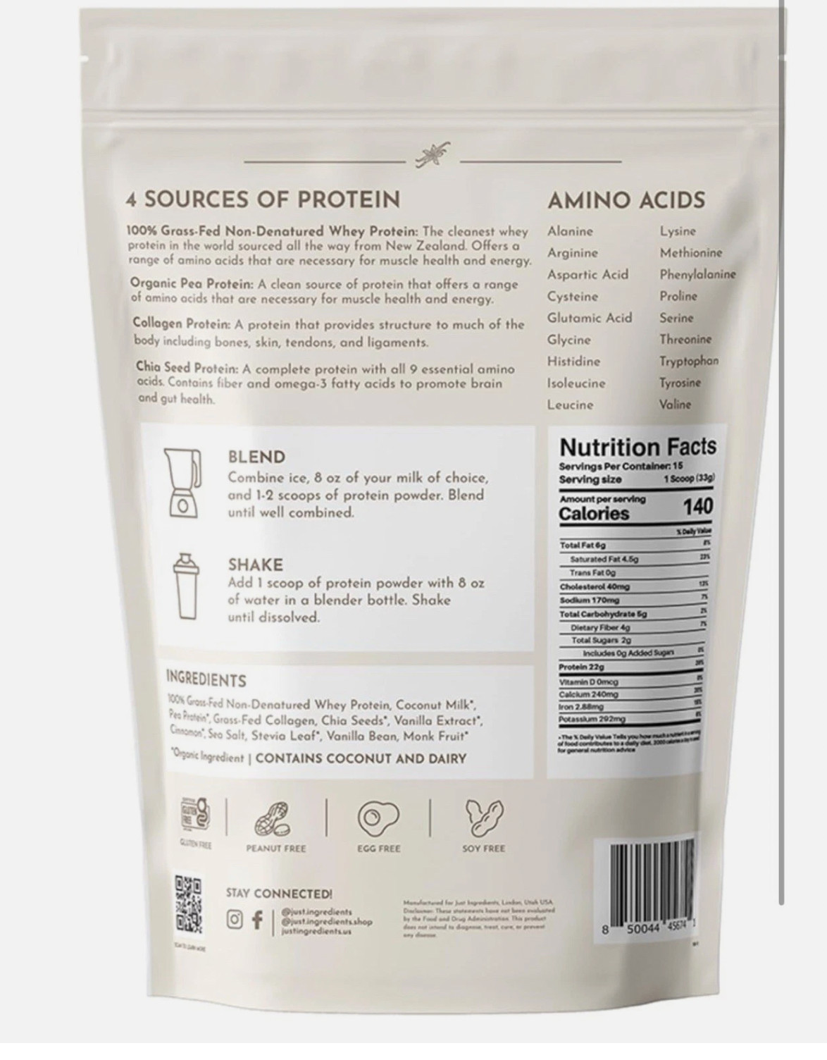 Just Ingredients Vanilla Protein Powder | 22g Protein 15 Servings Grass-Fed Whey